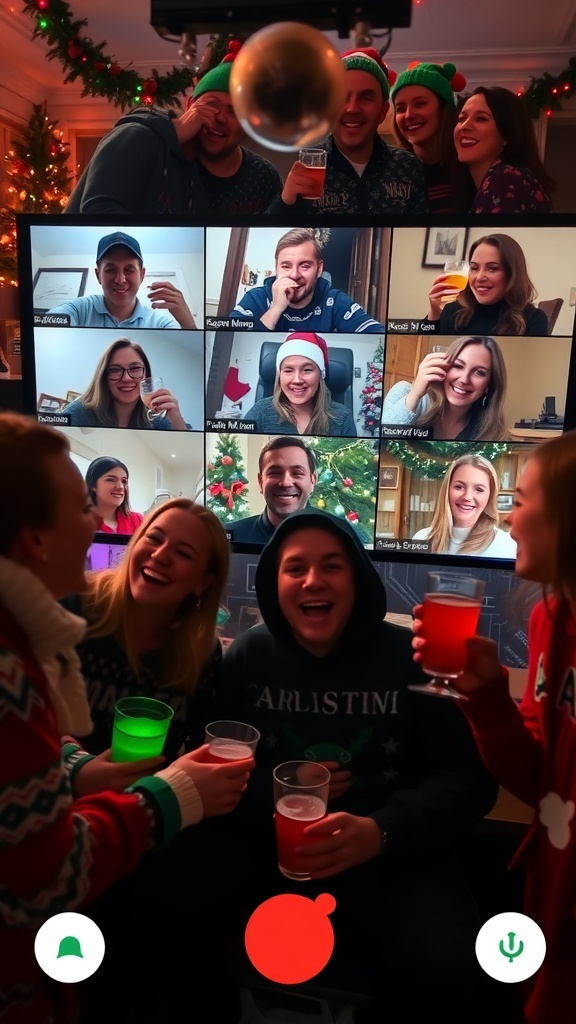 Participants enjoying a virtual Christmas party on a video call, engaged in games and wearing festive attire.